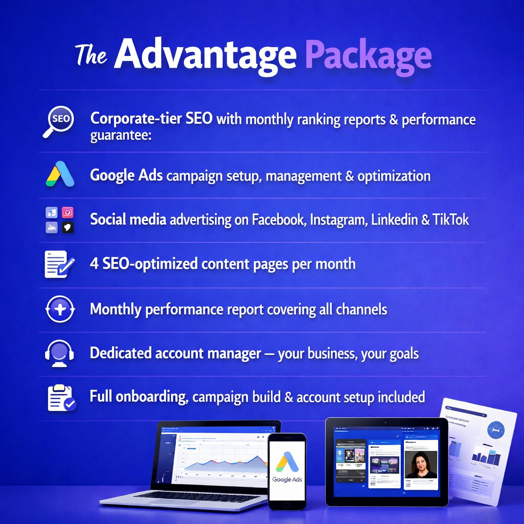 photographic The Advantage Package includesCorporatetier SEO with monthly ranking reports and performance guaranteeGoogle Ads campaign setup managemen-1