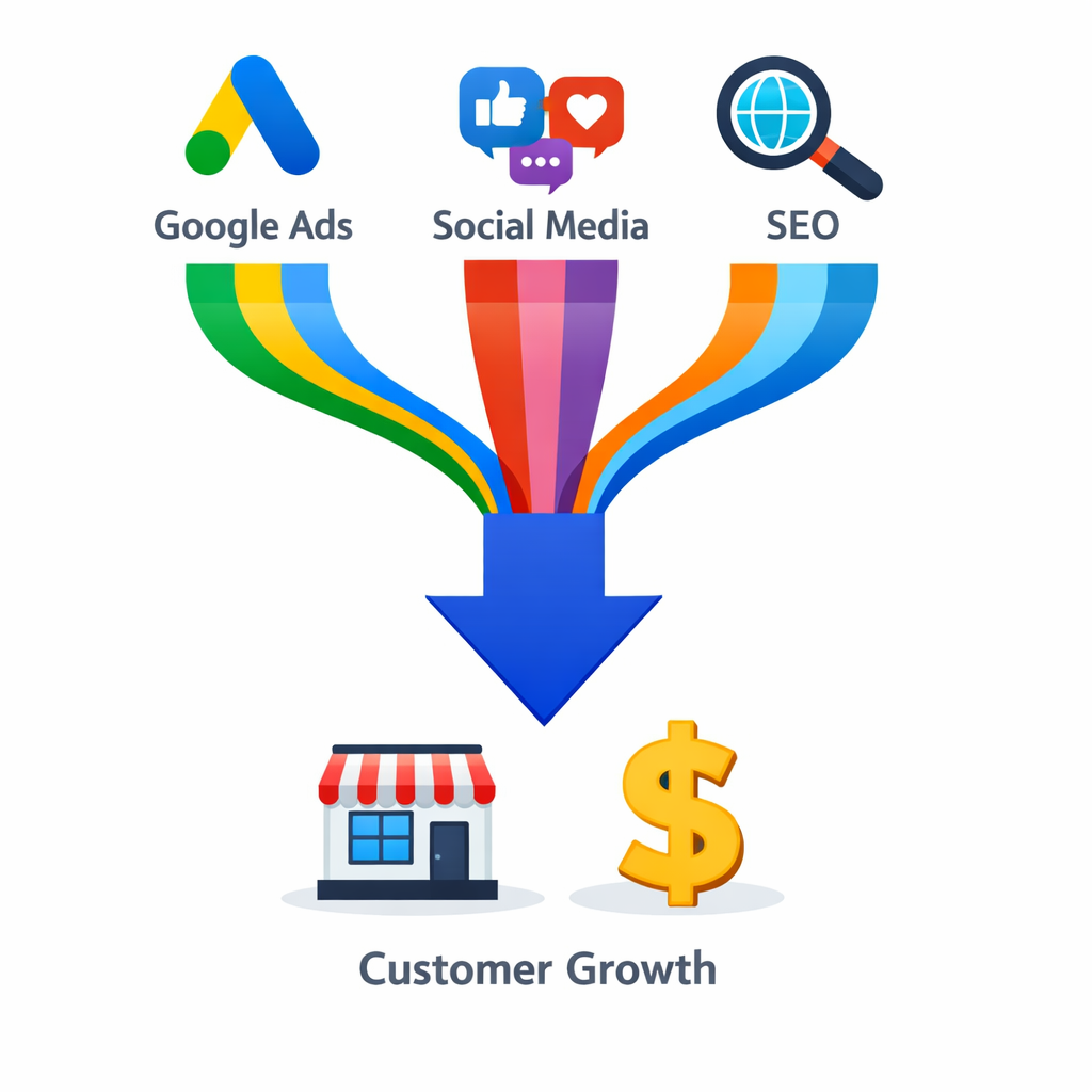 photographic A crisp flat illustration set against a pristine white background features three distinct labeled icons representing Google Ads Social Me
